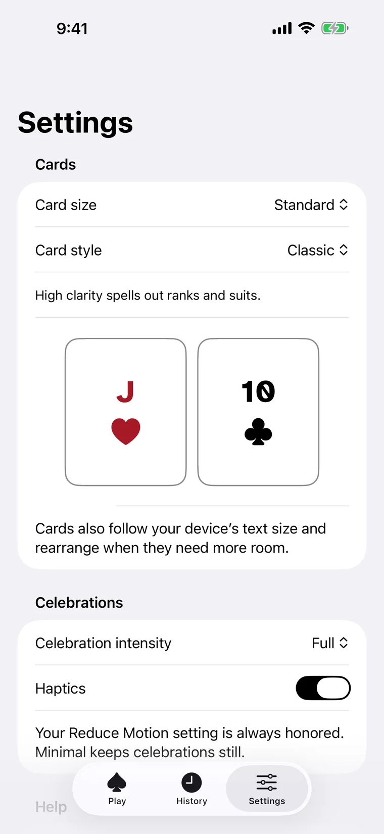 Video Poker settings: Card size Standard, Card style Classic, a note that High Clarity spells out ranks and suits, and a two-card preview.