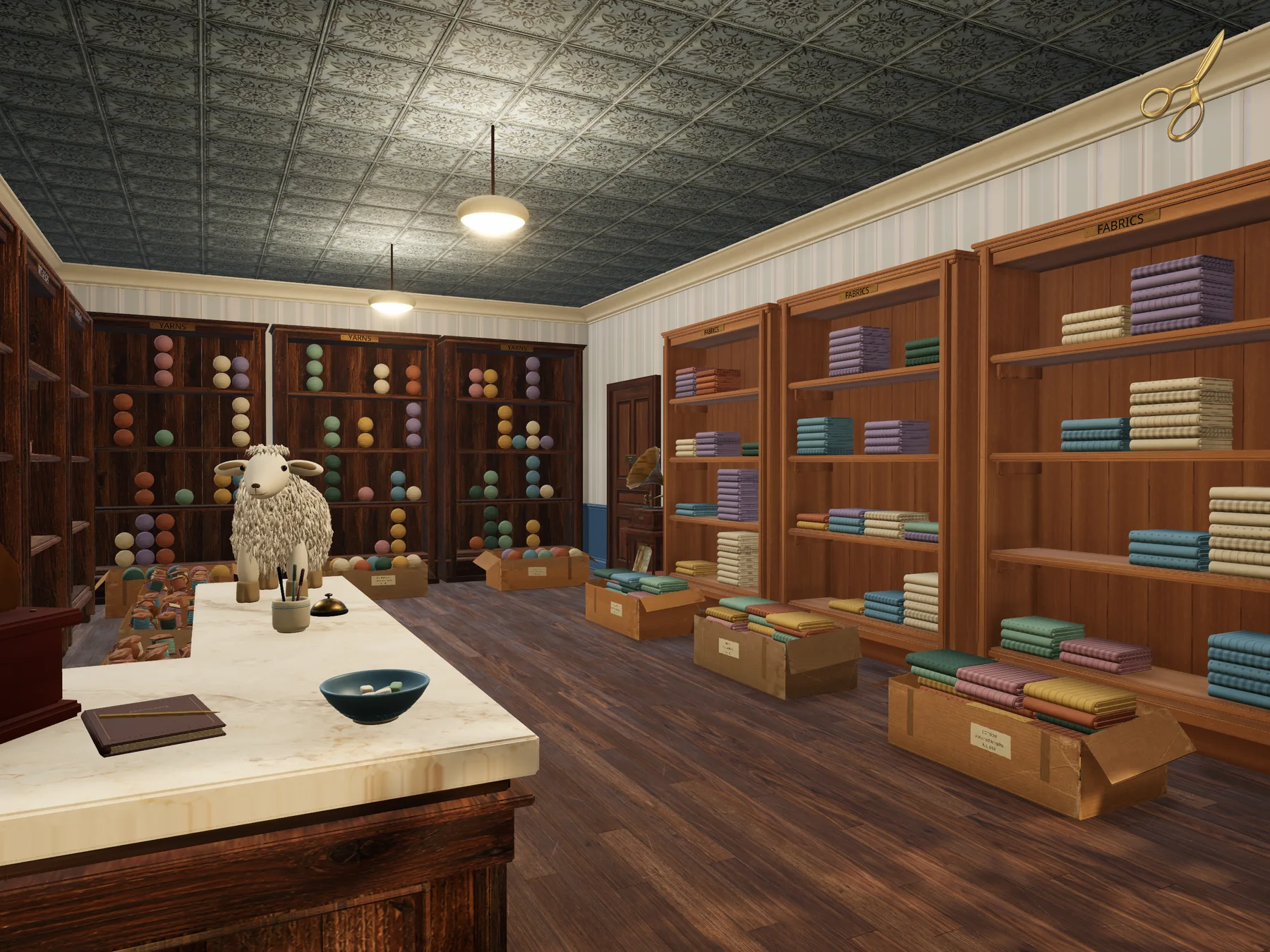 The shop floor: a pressed-tin ceiling with two pendant lamps, dark wood shelves of yarn balls, lighter shelves of folded fabric, open cartons of supplies on a plank floor, and a woolly sheep figure on a marble counter.